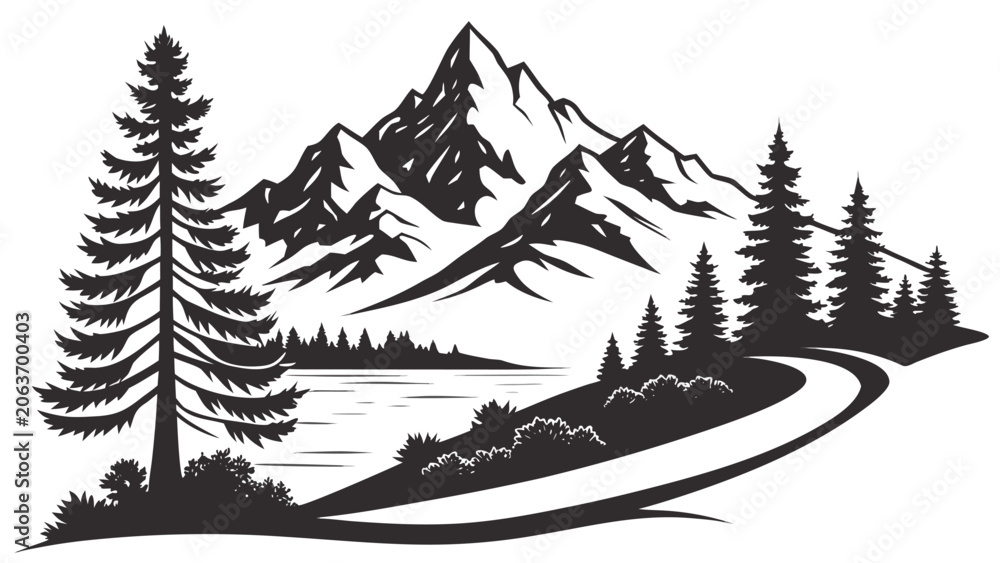 Fototapeta premium Vector illustration mountain landscape with pine trees and a winding road