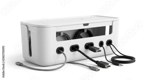White cable management box with various charging cables isolated on white background