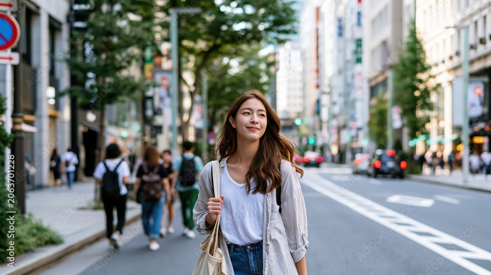 Fototapeta premium young woman walking in the city, tokyo japan