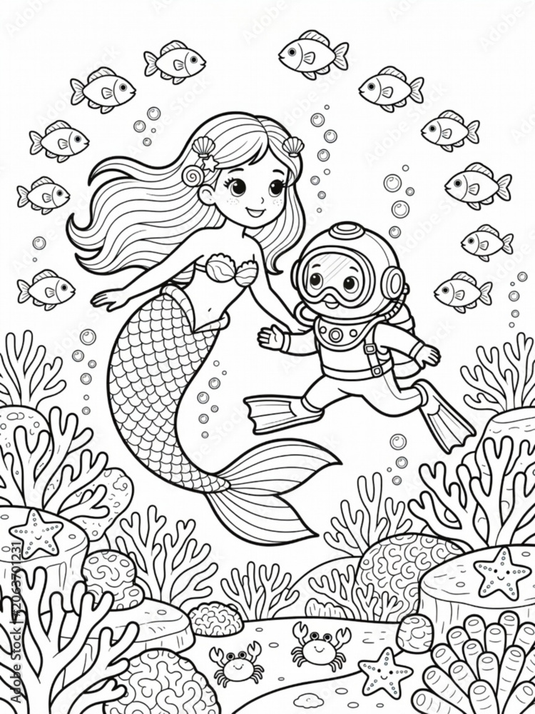 Fototapeta premium Mermaid and little scuba diver coloring page