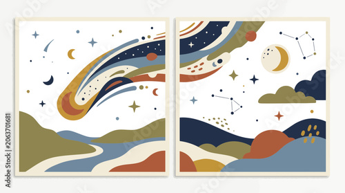 Abstract celestial landscape with shooting star and constellations diptych.