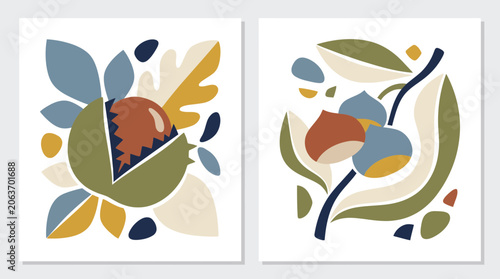 Abstract chestnut and nut husk botanical wall art prints.