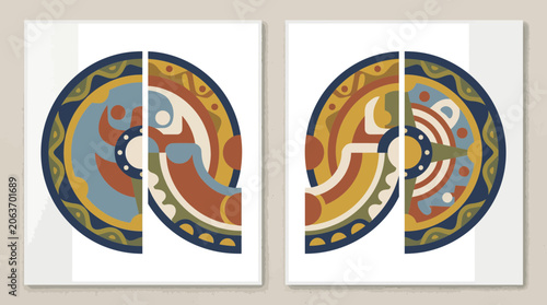Abstract circular Viking shields with geometric Norse patterns.