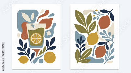 Abstract citrus fruit and lemon drink illustrations.