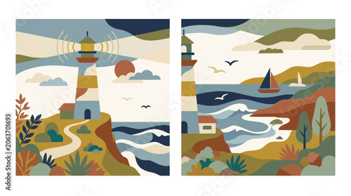 Abstract coastal lighthouse and ocean waves art prints.
