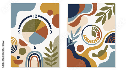 Abstract clock face and botanical pattern posters.