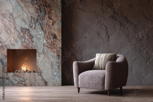 Modern armchair sits beside a decorative fireplace with a stone surround.