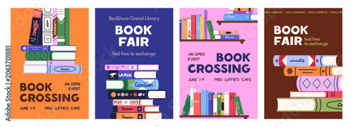 Book crossing, literature fair event, poster, promo card designs set. Reading...