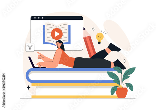 Online Learning Platform Illustration Featuring E-Learning Courses, Distance Education, Video Tutorials, Digital Study, and Remote Training