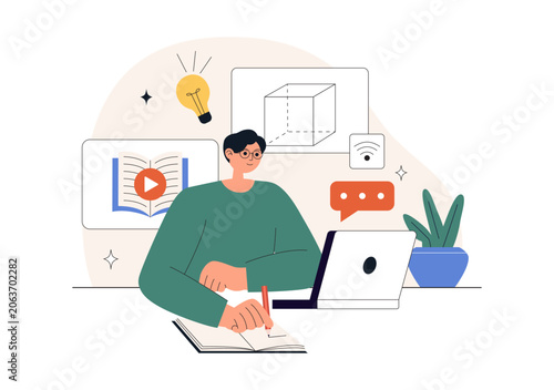 Online Learning Platform Illustration Featuring E-Learning Courses, Distance Education, Video Tutorials, Digital Study, and Remote Training