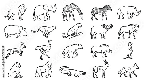 Canvas Print African safari animals line art collection, 20 wild animal icons set, minimalist
