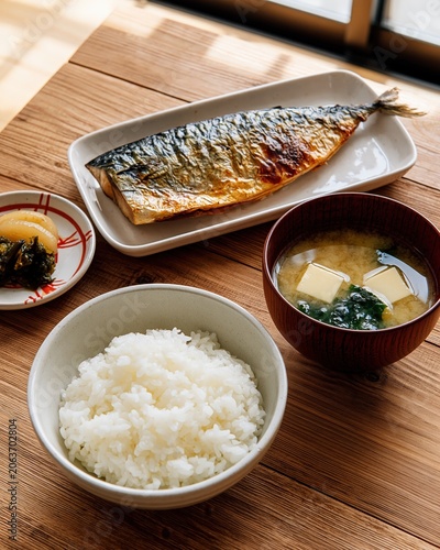 japanese grilled mackerel set meal with rice and miso soup