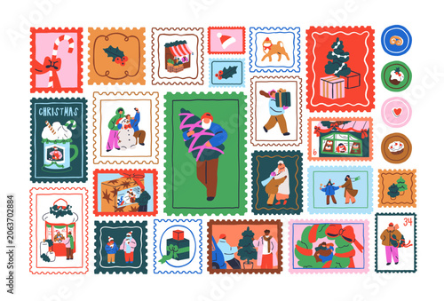 Christmas stamps, post marks. Festive postmarks set. Winter holiday cards for...