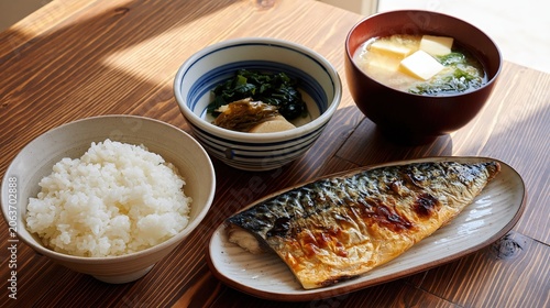 japanese grilled mackerel set meal with rice and miso soup