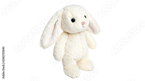 Bilde på lerret Cute small white plush toy rabbit standing isolated on transparent background cu