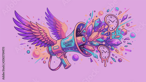 Isolated Surreal Silliness Floating Wings Megaphone Gradient Illustration, 