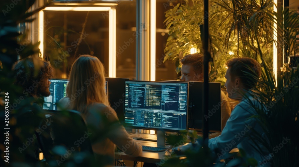 Obraz premium Diverse team of young professionals collaborating on computer screens in a office at night