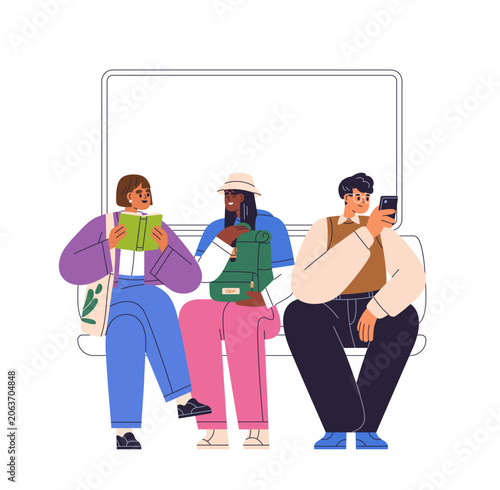 Passengers sitting in subway train, reading book and smartphone, talking. Com...