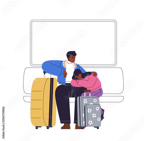Father and daughter passengers sleeping in train with suitcases. Family, dad ...