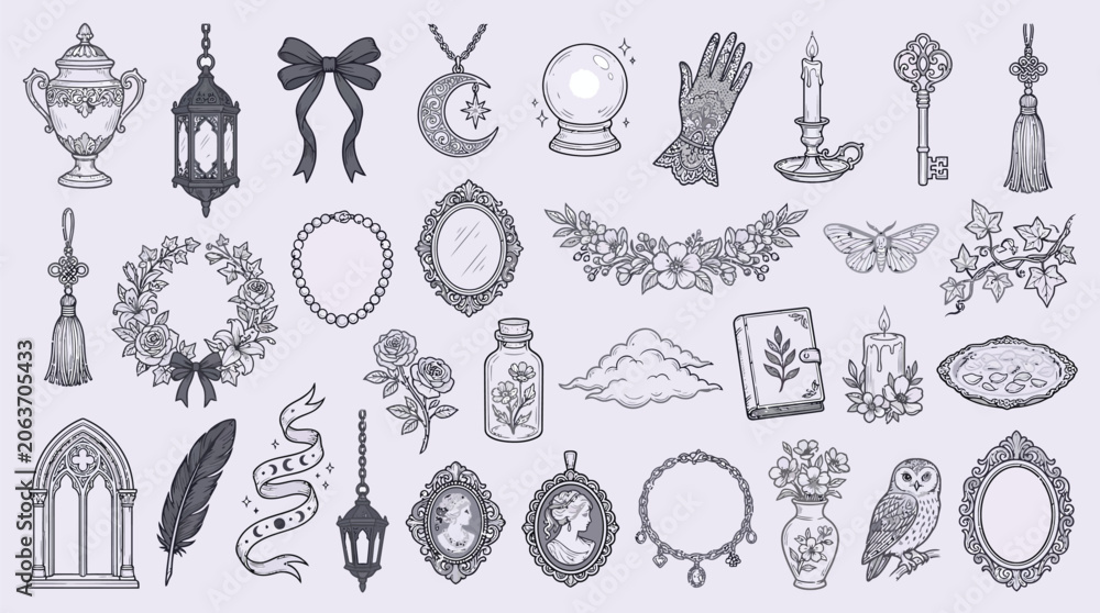 Naklejka premium A collection of mystical and magical elements, including a crystal ball, keys, and celestial symbols, presented in a vintage illustration style.