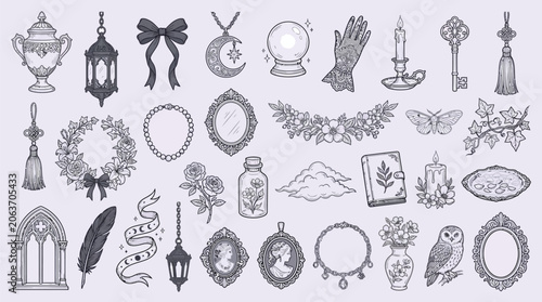 Foto A collection of mystical and magical elements, including a crystal ball, keys, and celestial symbols, presented in a vintage illustration style
