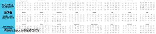 Business Mega Bundle of 576 Editable Stroke Line Vector Icons Collection Featuring Finance Strategy Marketing Startup Leadership Investment Human Resources Project Management Teamwork 