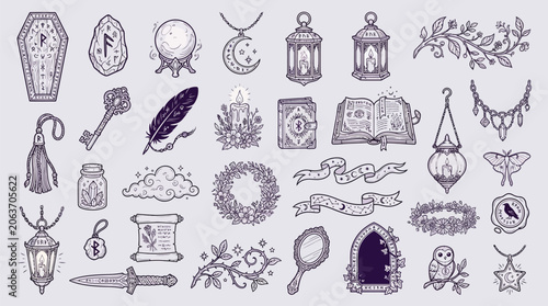 Obraz na plátně Collection of mystical and magical symbols, objects, and elements for occult and witchcraft themes