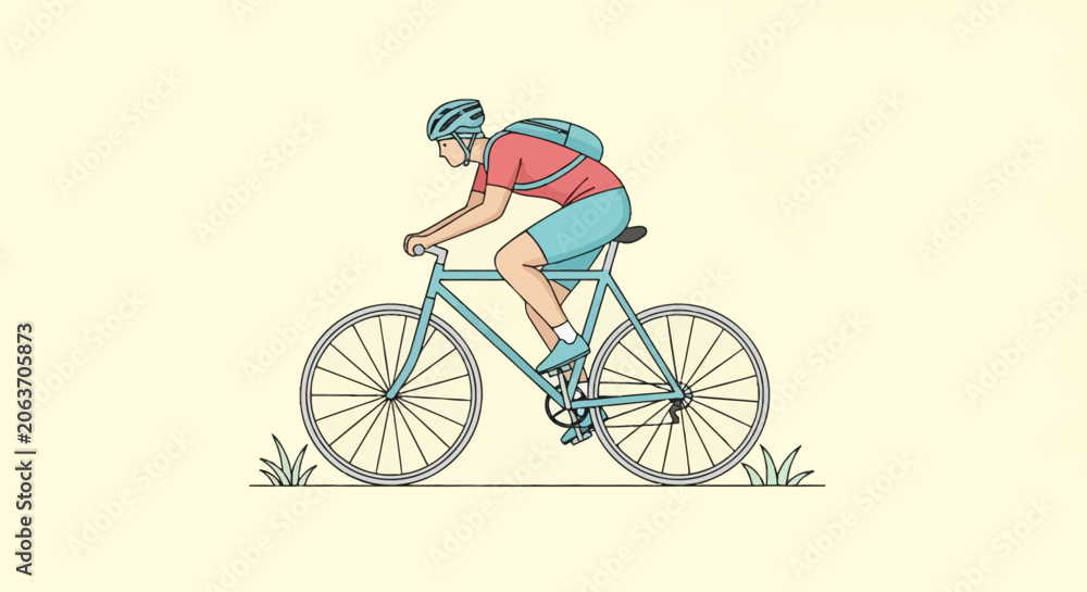 Obraz premium Minimalist vector illustration of a male cyclist riding a light blue road bicycle wearing a red jersey, teal shorts, helmet, and backpack against a plain pale yellow background.