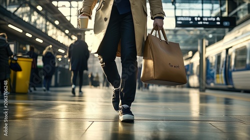 Business person walking through modern train station with flex work bag, urban commuter lifestyle and flexible working concept