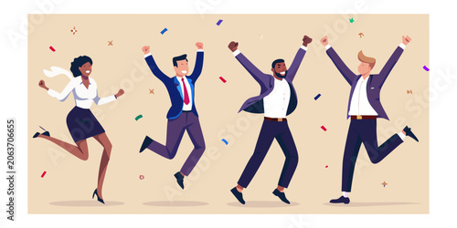 Photos Jumping business people flat vector illustration with confetti background