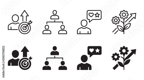 Strategic business growth and organizational structure icon set with business strategic organizational hierarchy