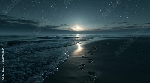 An empty beach under moonlight with gentle waves reflecting stars, solitary footprints in wet sand, and a peaceful, dreamy summer night atmosphere.