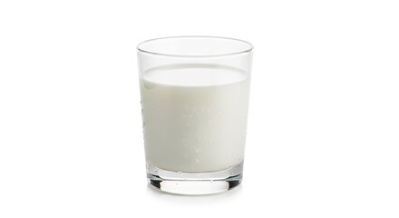 Fresh cold glass of white dairy milk with condensation droplets captured on white background