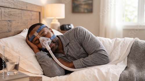 African American man sleeping in bed using a CPAP mask for sleep apnea treatment