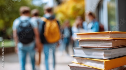 A close-up shot of vintage and textbook hardback books stacked on a rustic wooden table or bench outdoors. In the soft-focus, bokeh background, a group of college students walk through a sunny school 