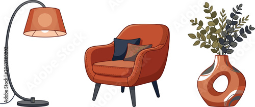 Фотография Modern Living Room Furniture and Home Decor Vector Set with Terracotta Armchair,