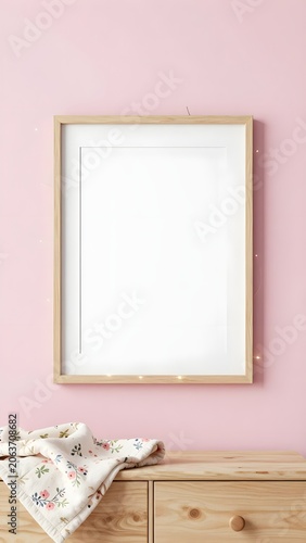 Modern interior mockup with blank poster frame on pastel pink wall above wooden chest