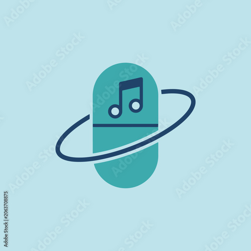 A stylized musical note icon inside a circular orbital ring