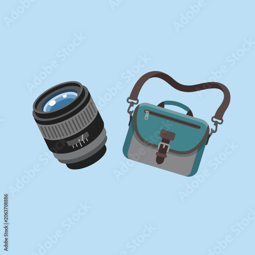 A professional camera lens and a stylish padded equipment bag