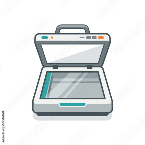 A flat vector illustration of an open flatbed scanner