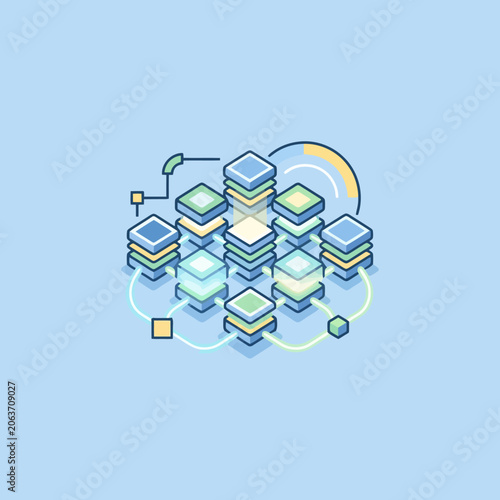 Isometric illustration of a digital data server network system