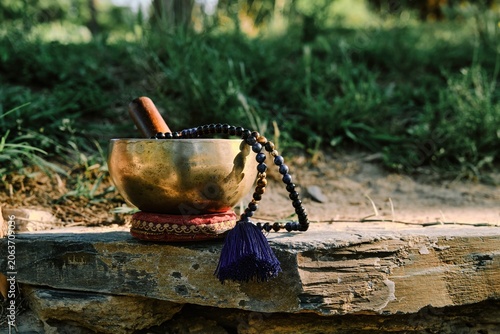 Tibetan singing bowl with rosary mala