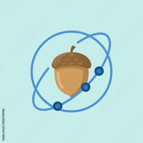 A brown acorn is centered inside a blue orbital ring graphic