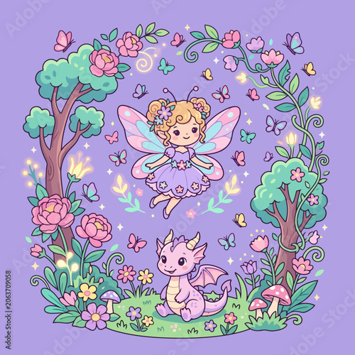 A cute fairy and a small dragon in a magical garden