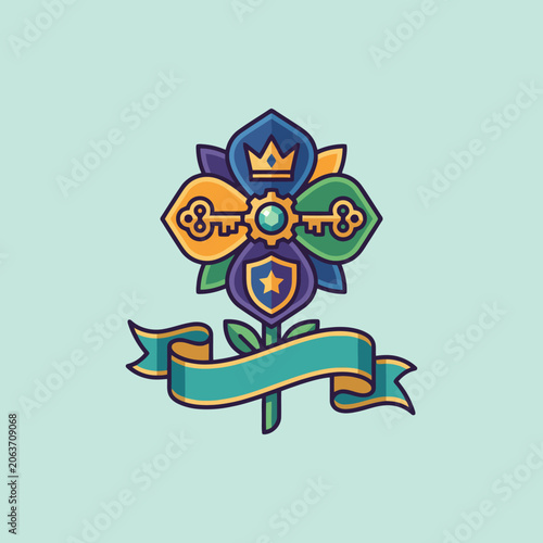 A colorful floral emblem featuring a golden key and ribbon