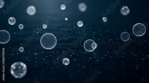 Deep Blue Microcosmos Ethereal Bubbles  Cells Drift in Dark Liquid.