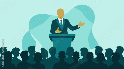 Photos Public speaker on podium addressing an audience, presentation concept illustrati