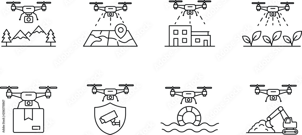 Naklejka premium Drone delivery and service icon set featuring autonomous aerial logistics, unmanned aerial vehicle shipping, smart package transport, and more