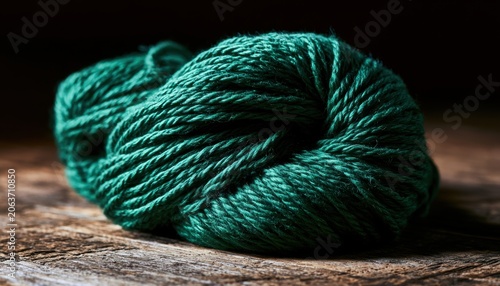 Vibrant green yarn skein resting on a rustic wooden surface with dark moody lighting