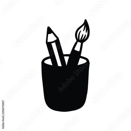 Pencil holder with art supplies black silhouette on white background